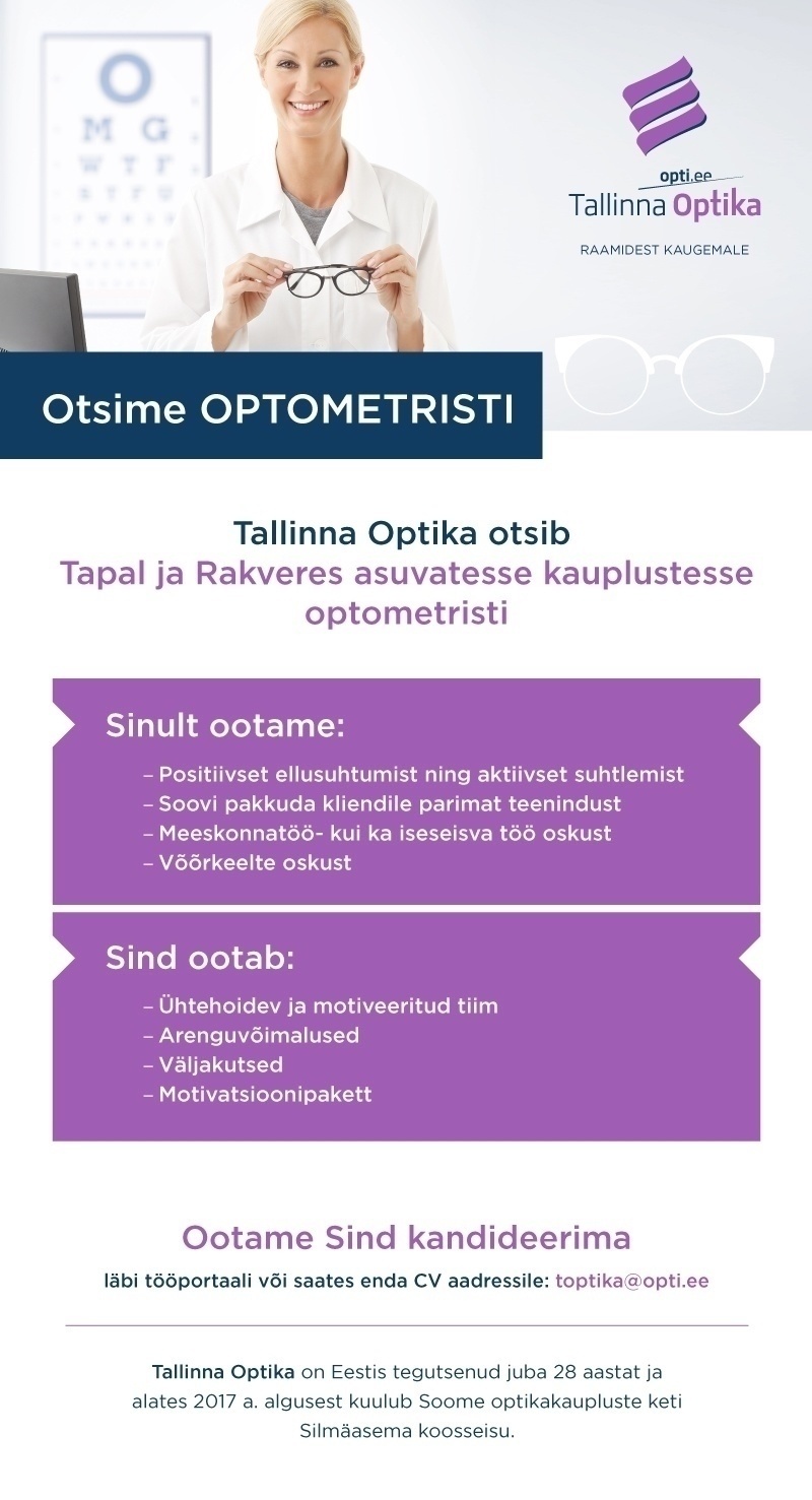Tallinna Optika OÜ   Optometrist  (Tallinna Optika kauplused Tapal ja Rakveres)