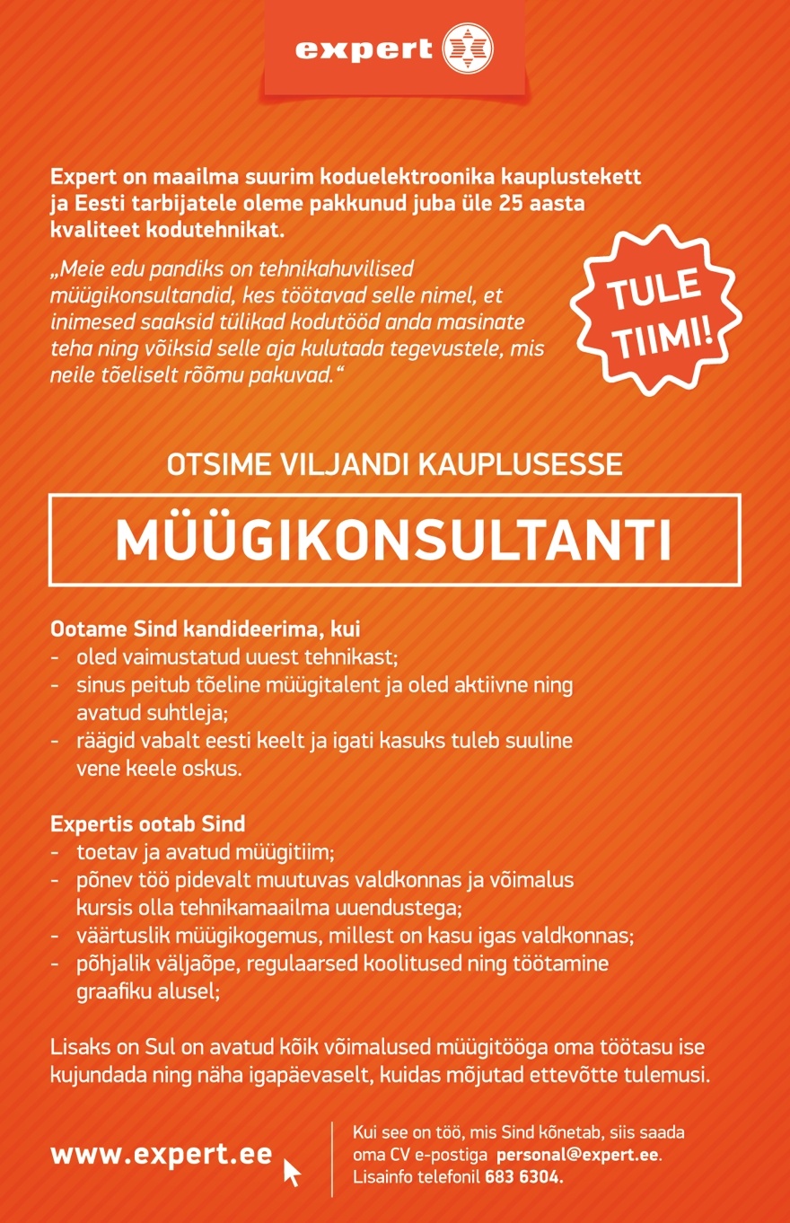 Expert Eesti OÜ Müügikonsultant Viljandi kaupluses