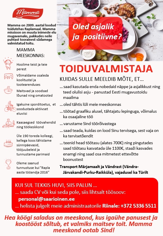 Saarioinen Eesti OÜ Toiduvalmistaja