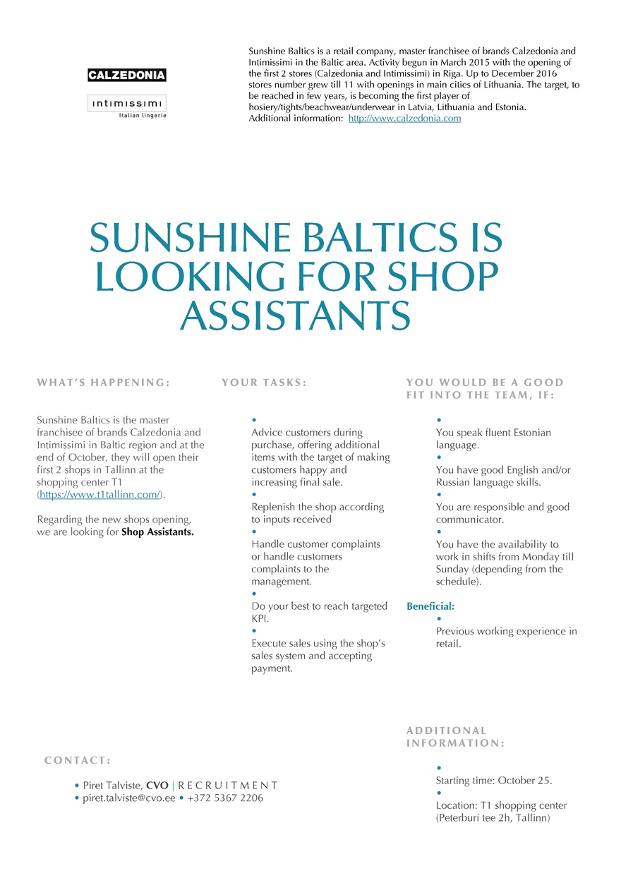 Sunshine Baltics OÜ Shop Assistant