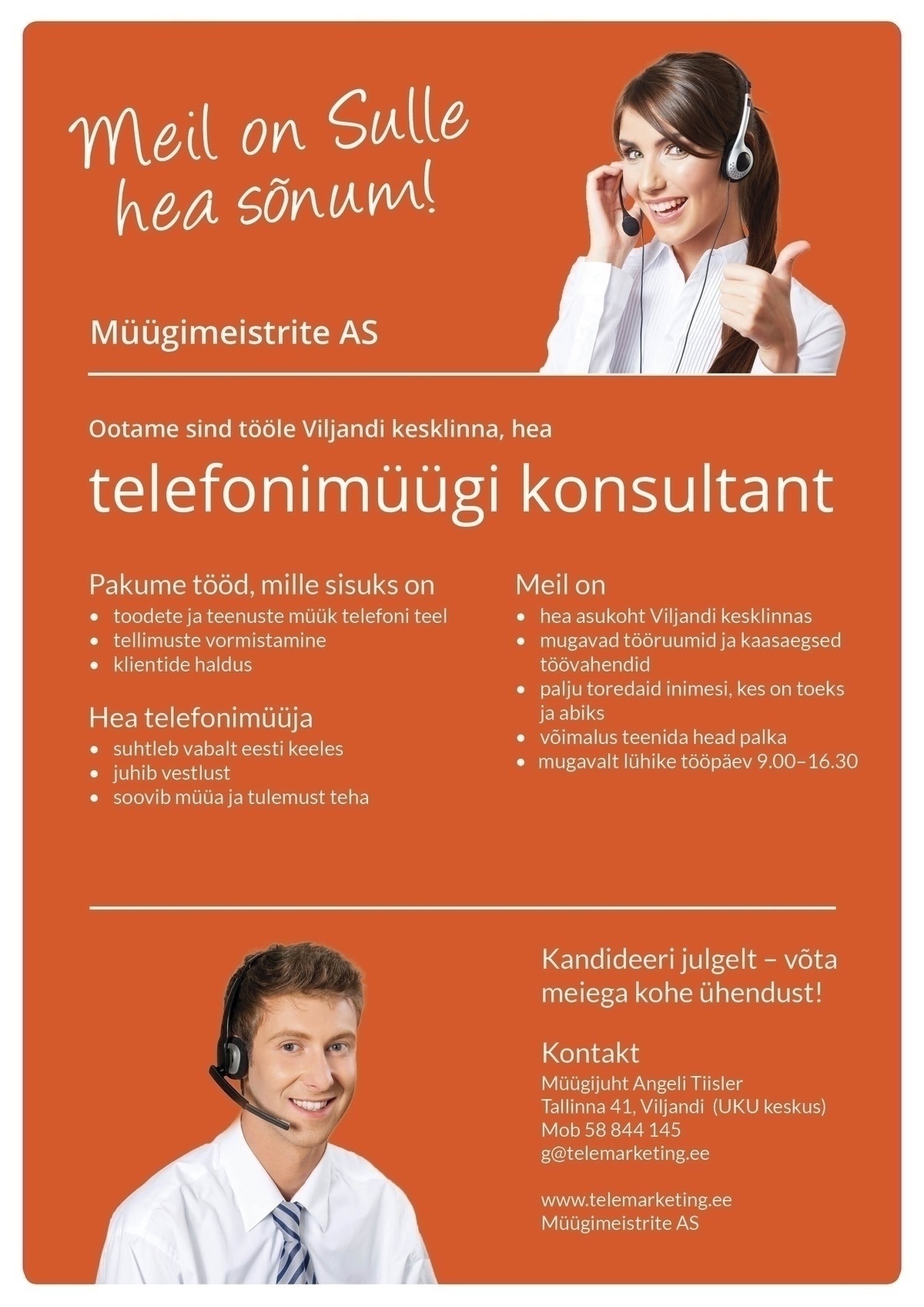 Müügimeistrite AS Telefonimüügi konsultant Viljandis