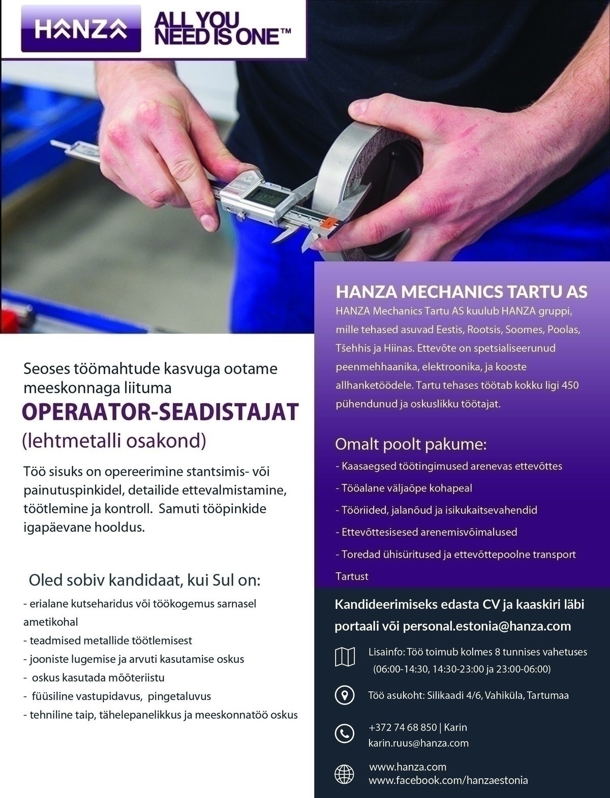 HANZA Mechanics Tartu AS OPERAATOR-SEADISTAJA