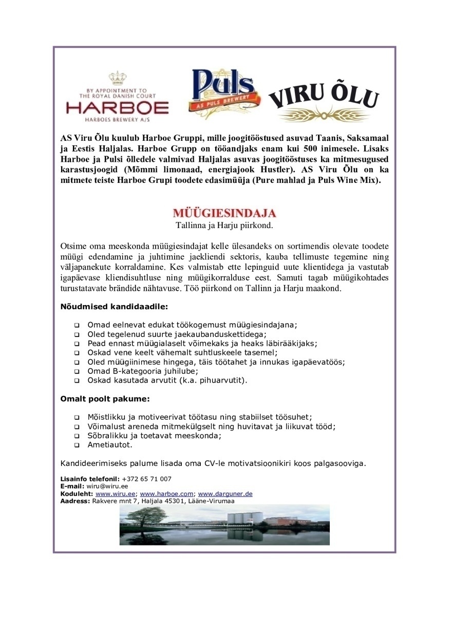 VIRU ÕLU AS Müügiesindaja