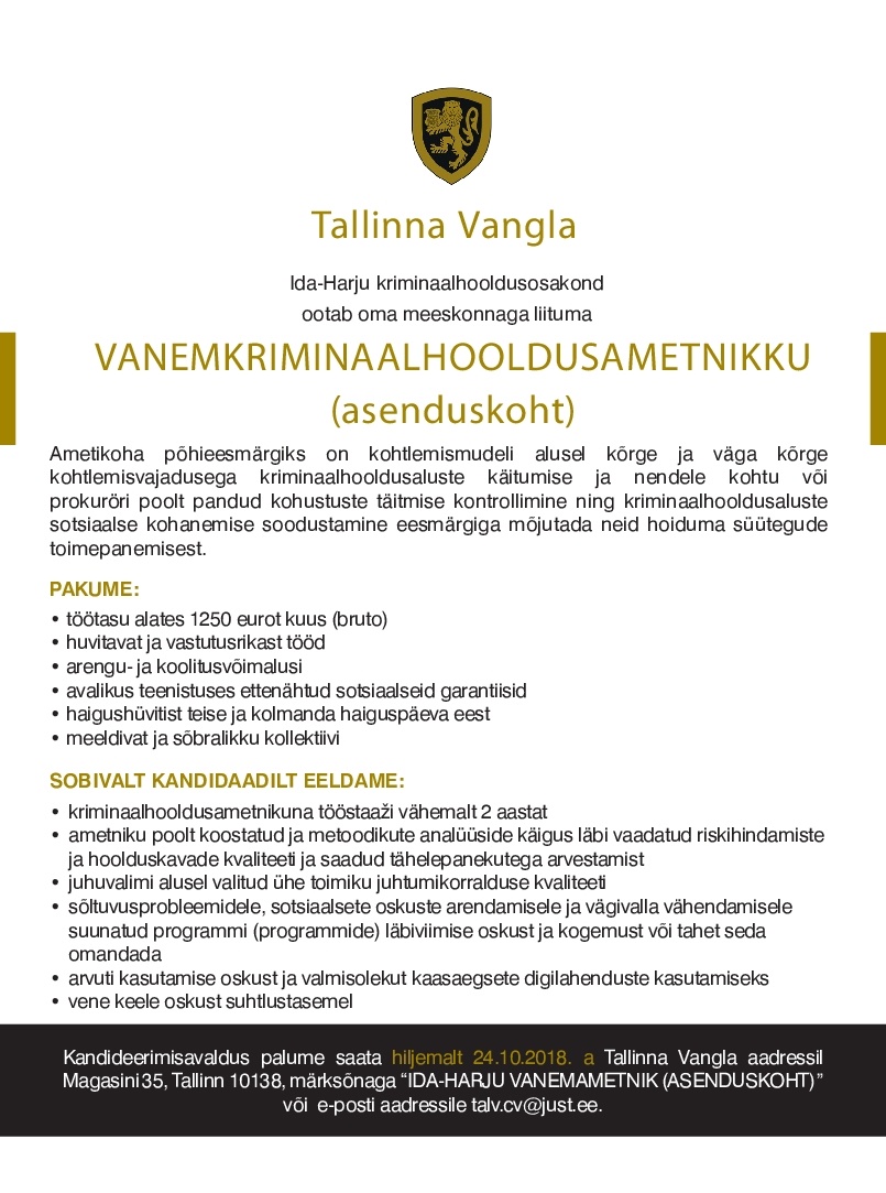 Tallinna Vangla Ida-Harju kriminaalhooldusosakonna vanemkriminaalhooldusametnik (asenduskoht)