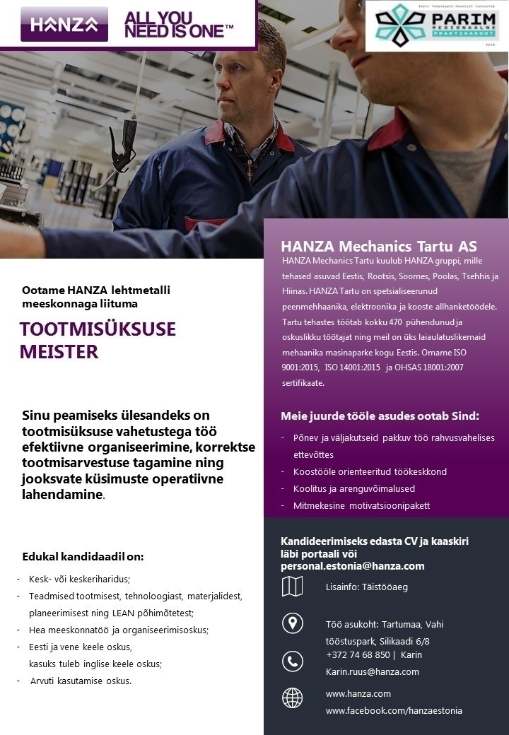 HANZA Mechanics Tartu AS Tootmisüksuse meister