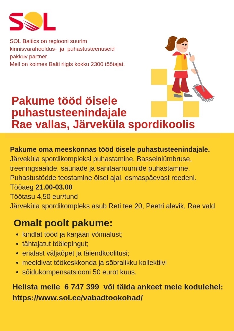 SOL BALTICS OÜ Öine puhastusteenindaja Järveküla spordikooli