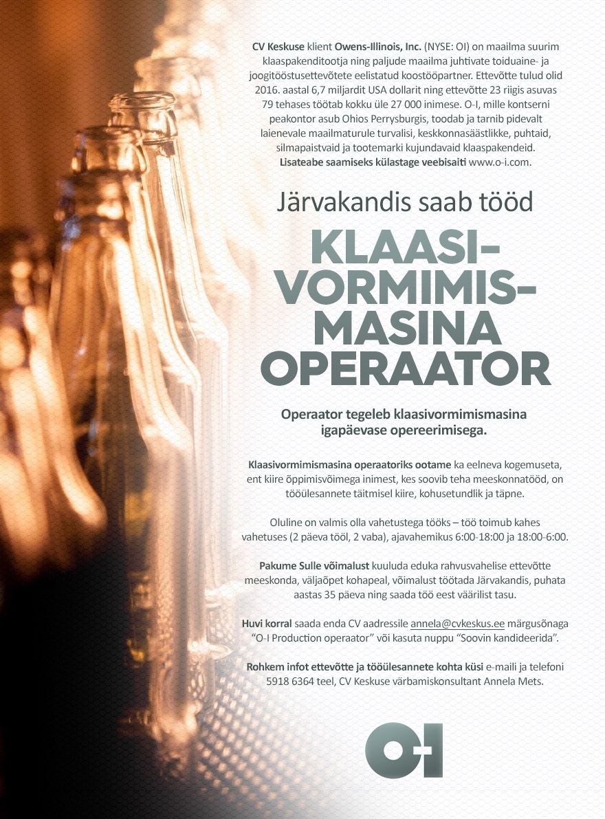O-I PRODUCTION ESTONIA AS Klaasivormimismasina operaator (O-I Production Estonia)