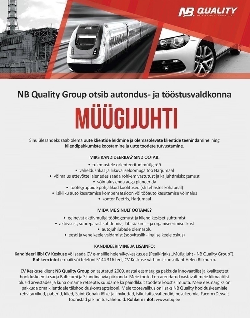NB QUALITY GROUP OÜ Autondus ja tööstusvaldkonna MÜÜGIJUHT (NB Quality Group)