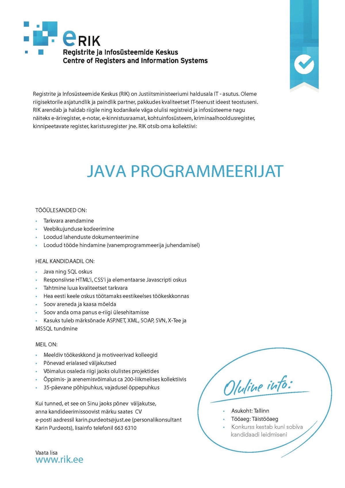 Registrite ja Infosüsteemide Keskus Java programmeerija