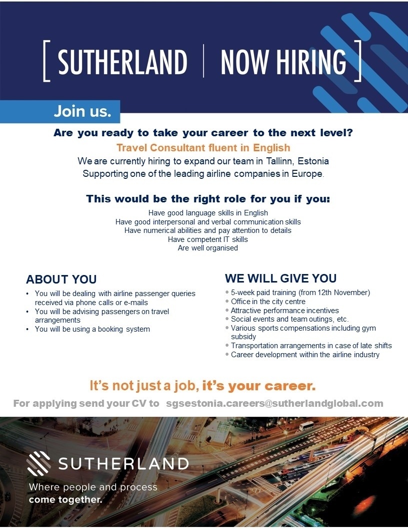 SUTHERLAND GLOBAL SERVICES OÜ English Speaking Client Service Specialist