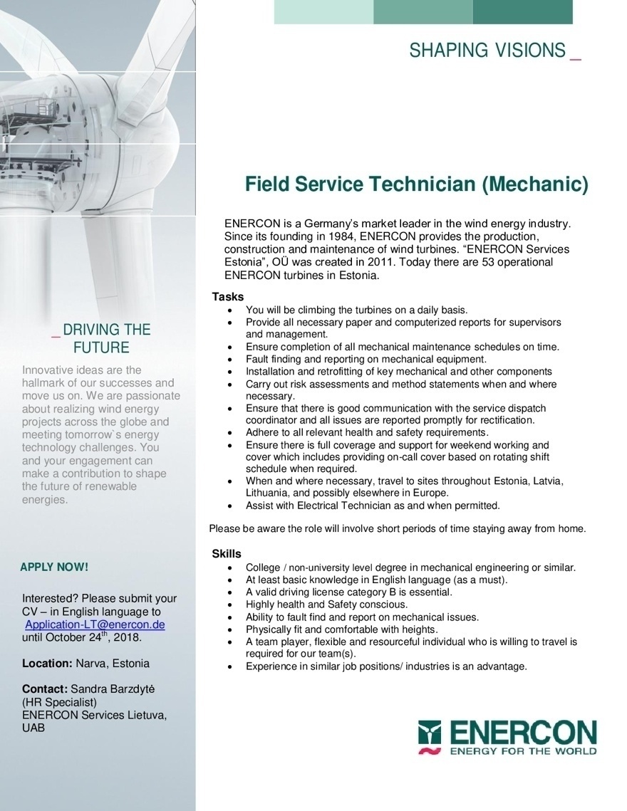 ENERCON SERVICES ESTONIA OÜ Field Service Technician (Mechanic) 