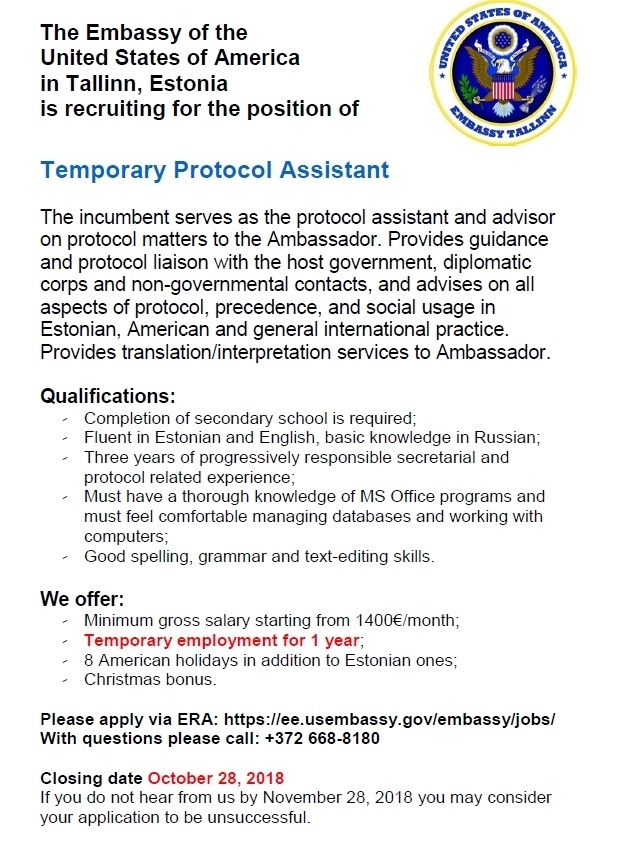 Ameerika Ühendriikide Suursaatkond Eestis Temporary Protocol Assistant