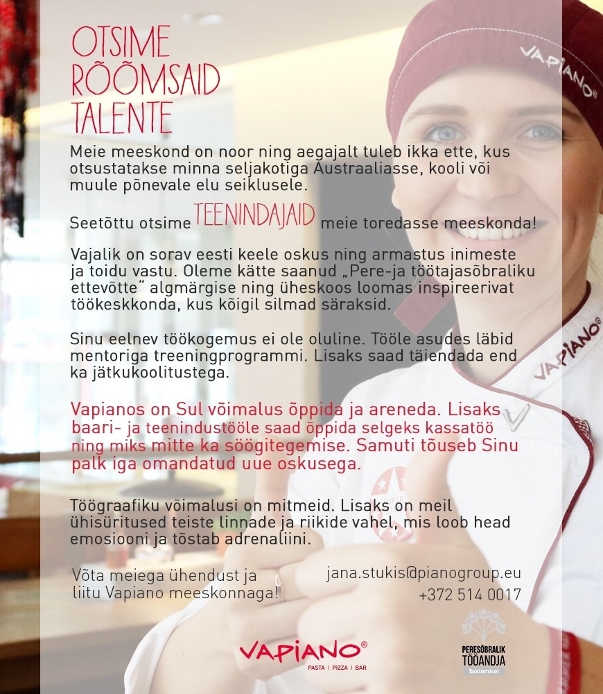 Vapi People OÜ Saali- baari- ja kassateenindaja