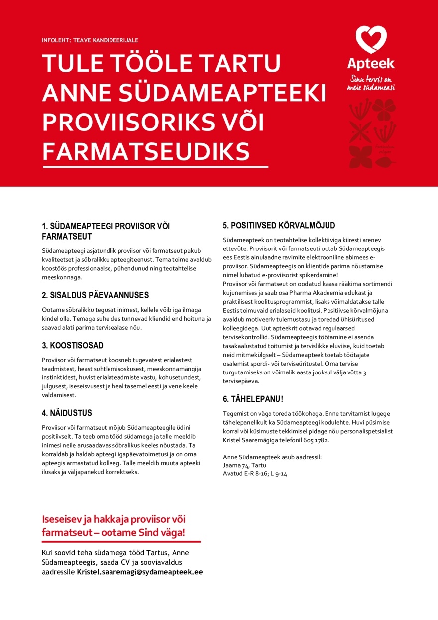 Pharma Holding OÜ Farmatseut või proviisor Tartu Anne Südameapteegis