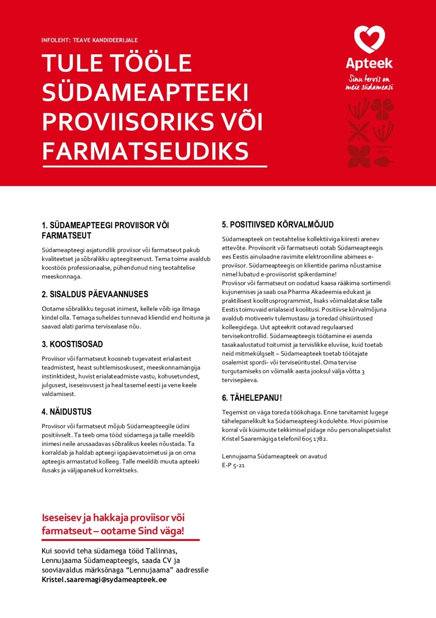 Pharma Holding OÜ Farmatseut või proviisor Lennujaama Südameapteegis (juhataja asetäitja)
