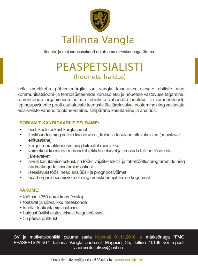 Tallinna Vangla Peaspetsialist (haldus)