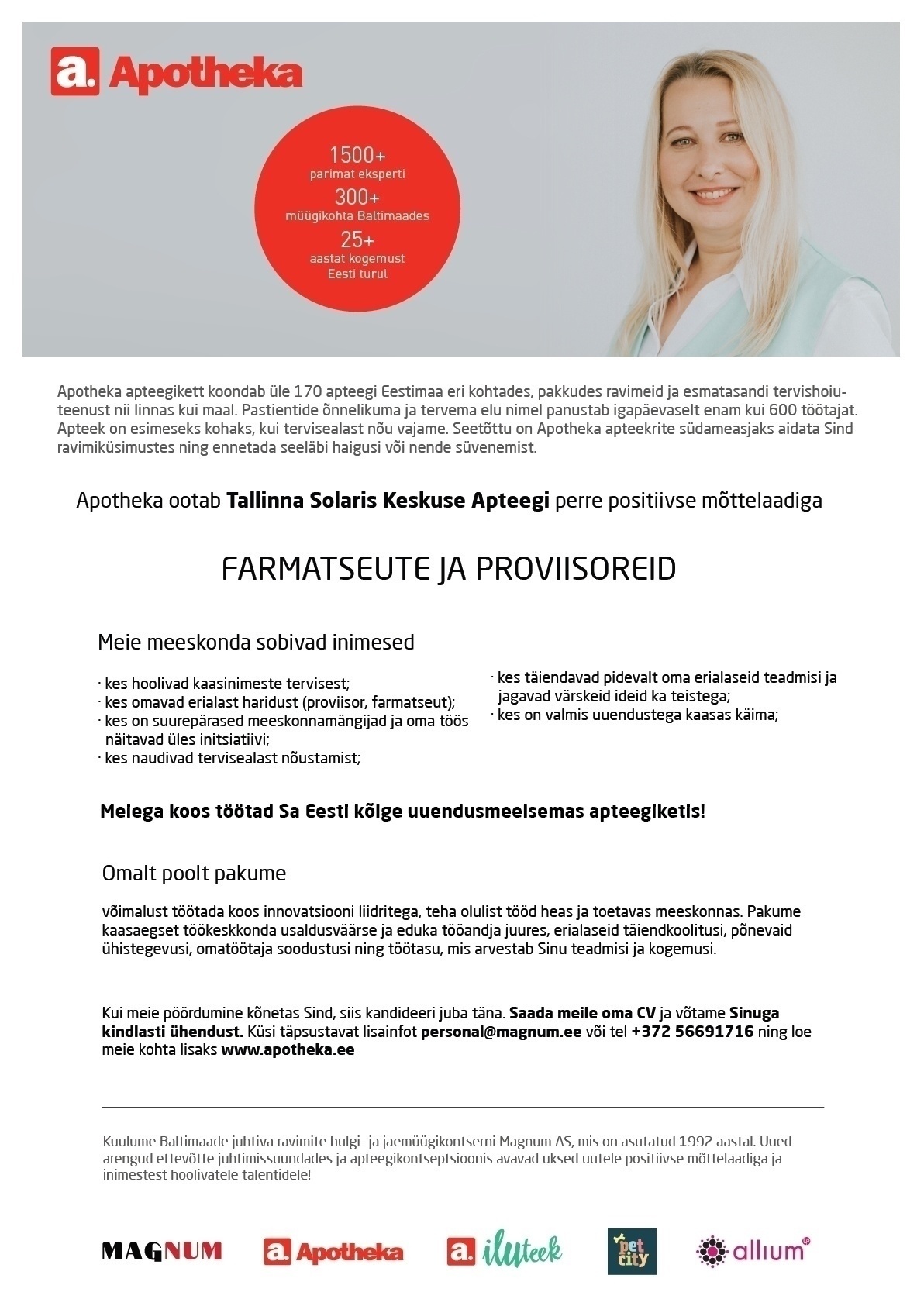 Terve Pere Apteek OÜ Proviisor või farmatseut Tallinna Solaris Keskuse Apteeki