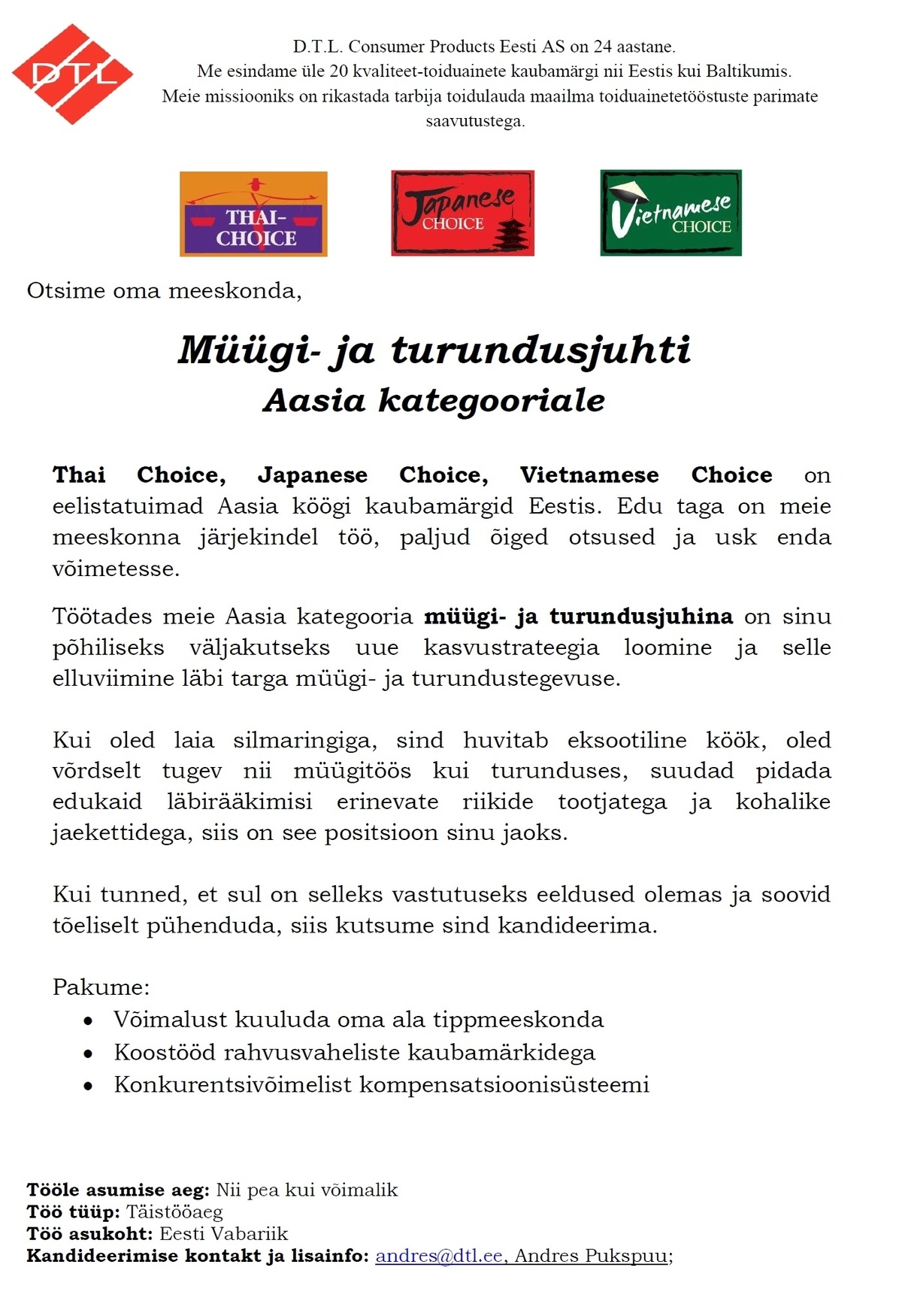 D.T.L. Consumer Products Eesti AS Müügi- ja turundusjuhti Aasia kategooriale