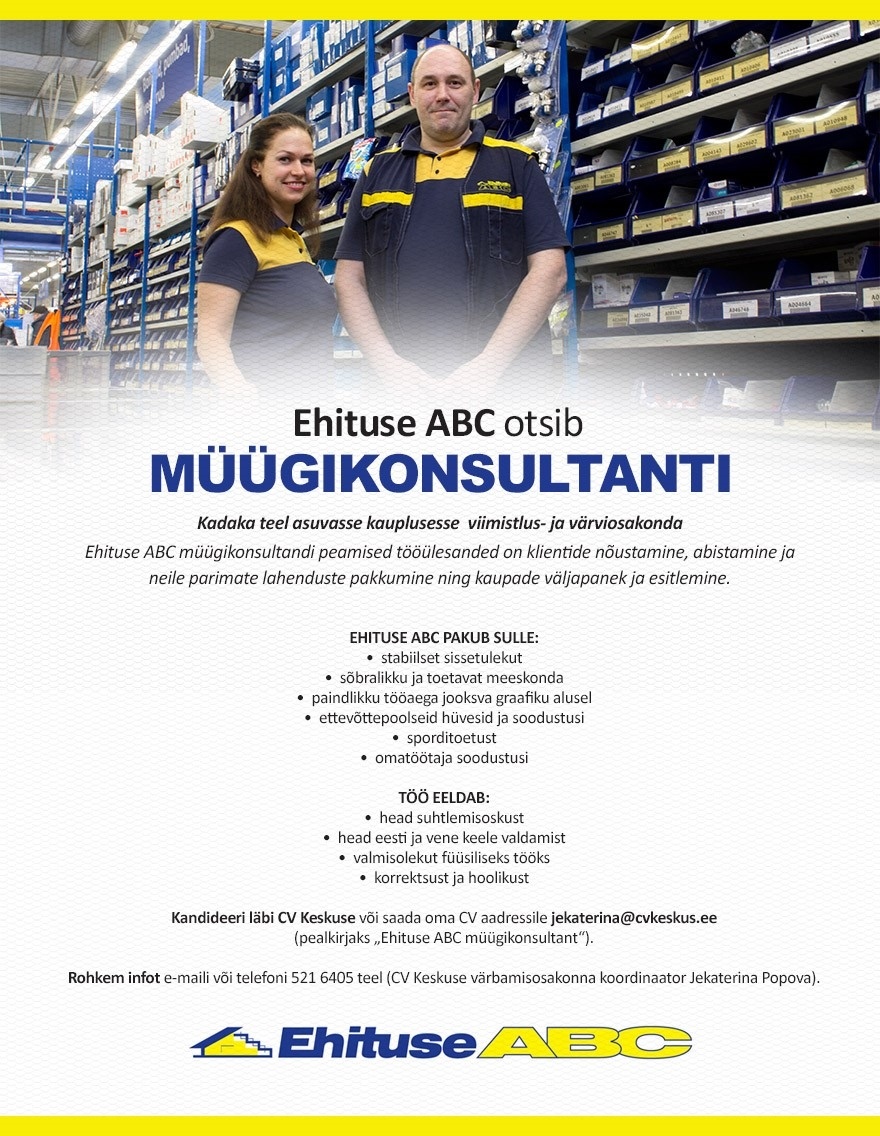 Optimera Estonia AS Ehituse ABC otsib müügikonsultanti (Kadaka tee)