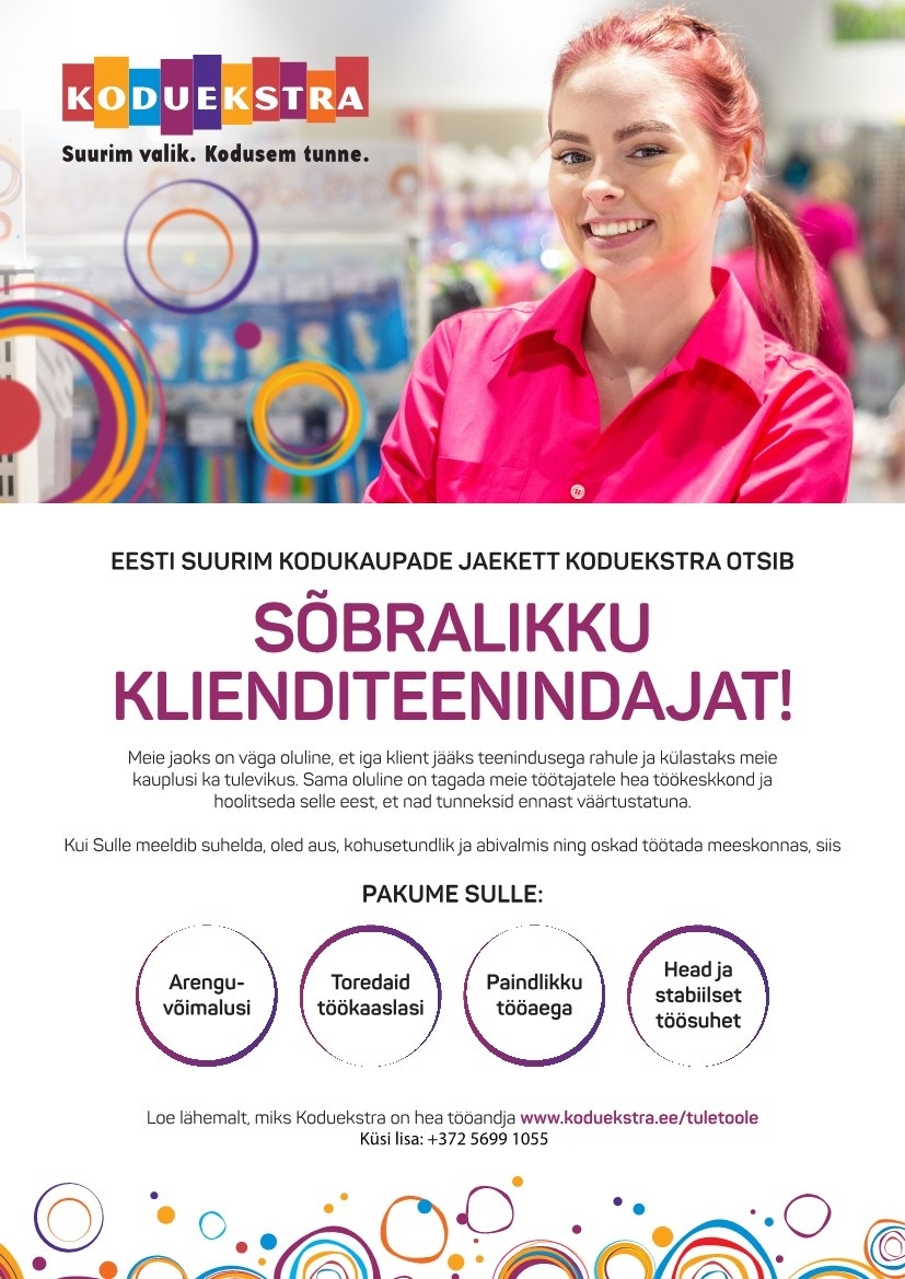 Koduekstra OÜ Klienditeenindaja KODUEKSTRA Rannarootsi keskuses asuvasse kauplusesse (hooajaline töö kuni 31.12.2018)