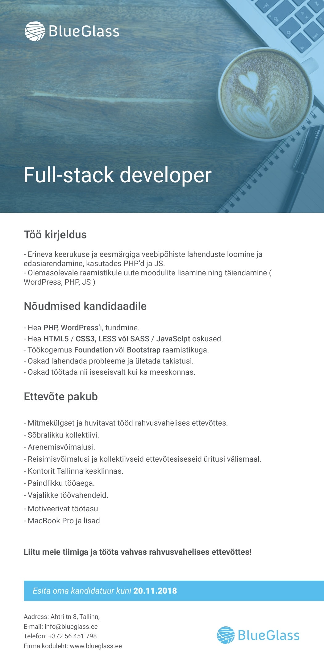 BlueGlass Interactive OÜ 	 Full-stack arendaja / developer / разработчик