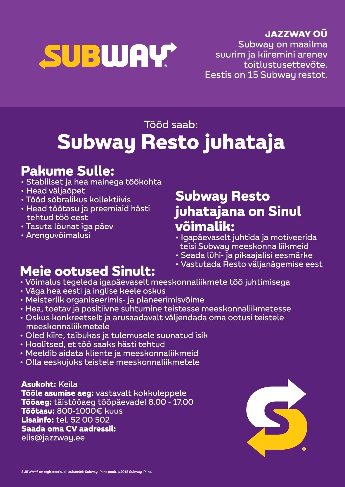 Jazzway OÜ Subway resto juhataja Keilas