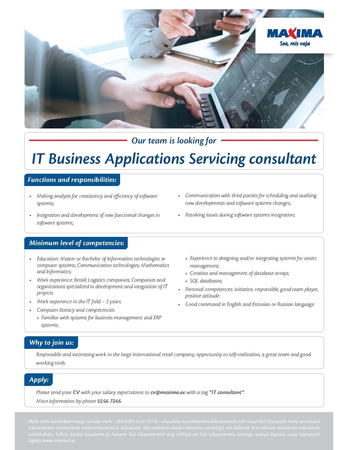 Maxima Eesti OÜ IT Business Applications Servicing consultant