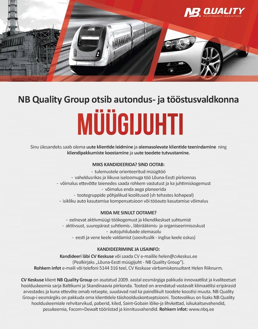 NB QUALITY GROUP OÜ Lõuna-Eesti piirkonna Müügijuht (NB Quality Group)