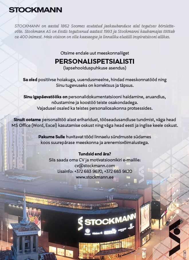 Stockmann AS Personalispetsialist (lapsehoolduspuhkuse asendus)