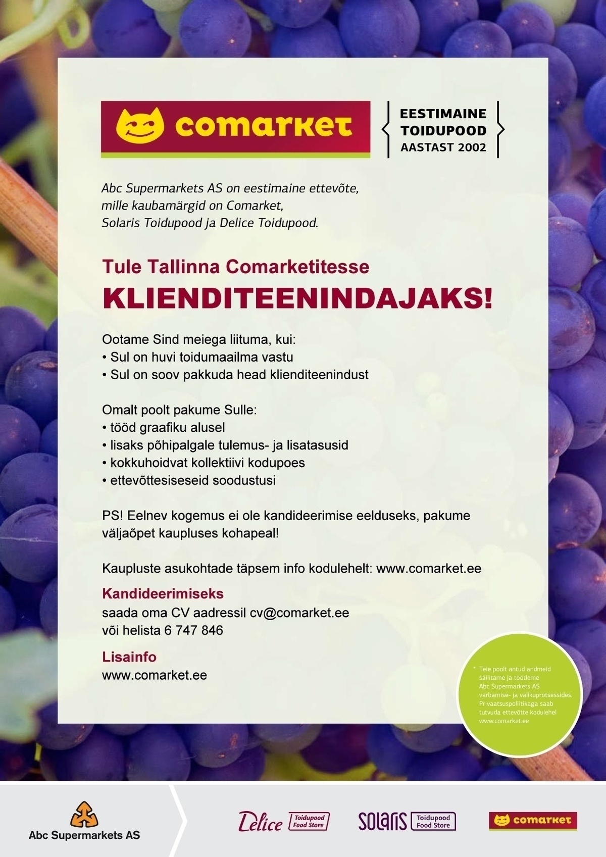 Abc Supermarkets AS KLIENDITEENINDAJA Tallinna Comarketitesse