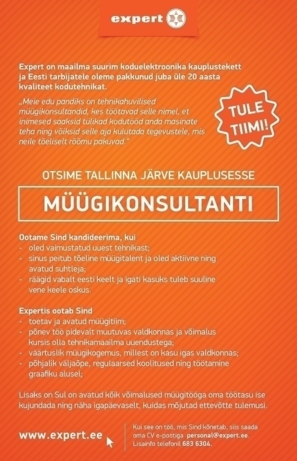 Expert Eesti OÜ Müügikonsultant (Tallinnas Järve keskuse kaupluses)