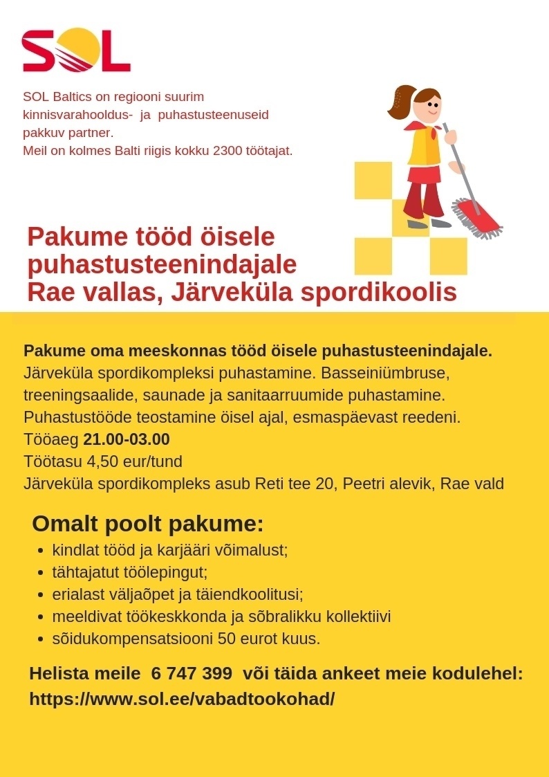 SOL BALTICS OÜ Päevane puhastusteenindaja Järveküla spordikooli