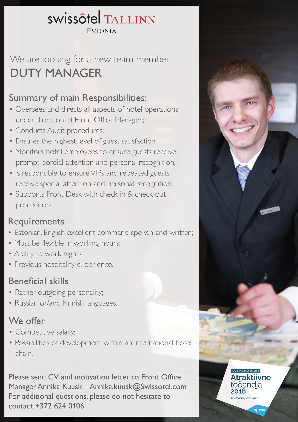 SWISSOTEL ESTONIA OÜ Duty Manager / Teenindusjuht