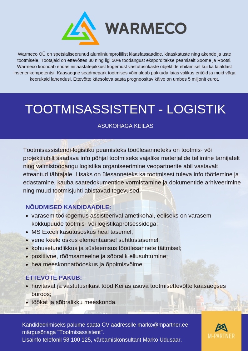 M-Partner HR OÜ Tootmisassistent-logistik