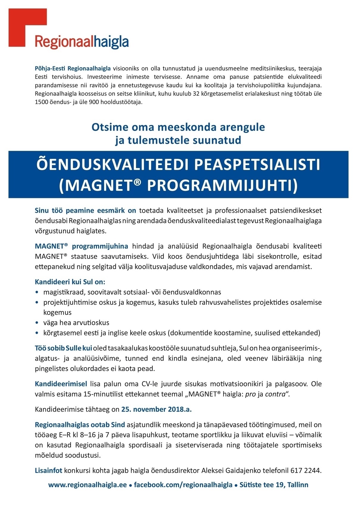 Põhja-Eesti Regionaalhaigla SA Õenduskvaliteedi peaspetsialist (MAGNET® programmijuht)