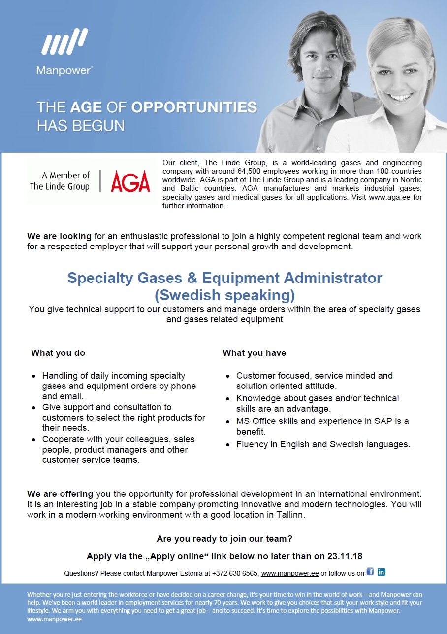 Manpower OÜ Specialty Gases & Equipment Administrator (Swedish speaking)