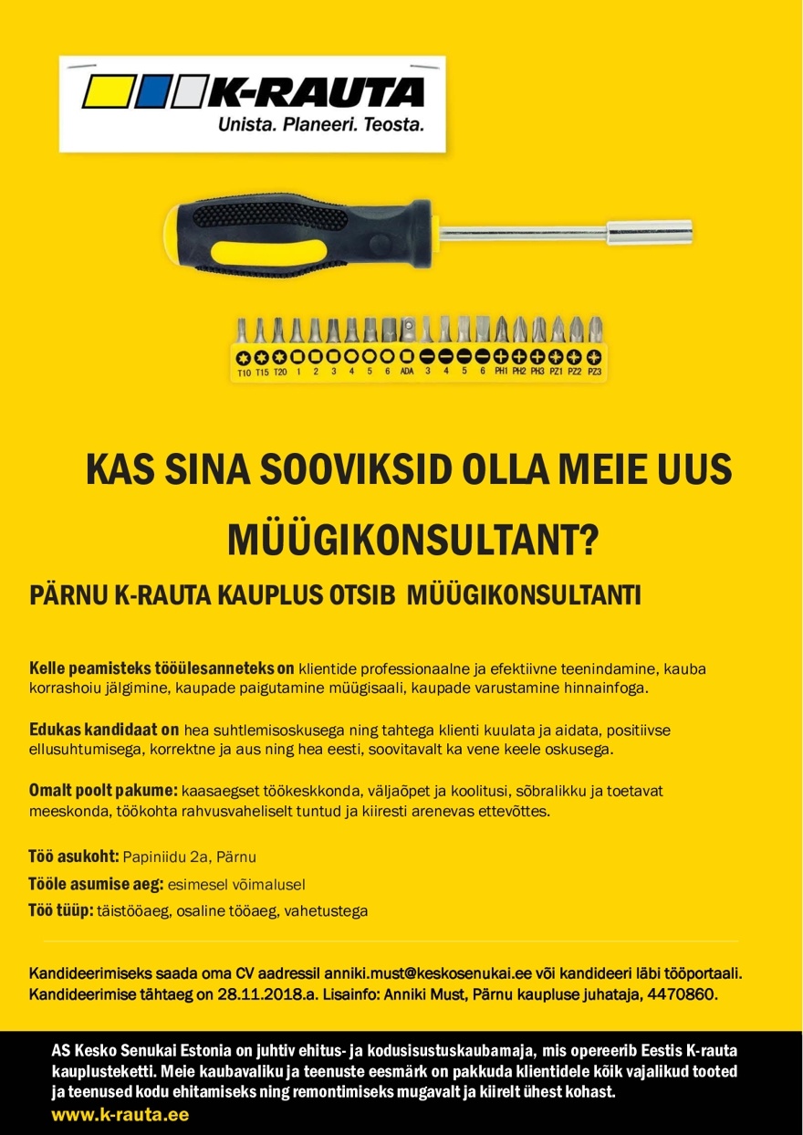 AS Kesko Senukai Estonia Müügikonsultant Pärnu K-rauta kauplusesse