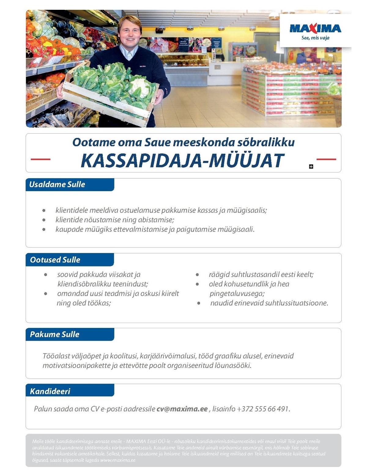 Maxima Eesti OÜ Kassapidaja-müüja Saue Maximas