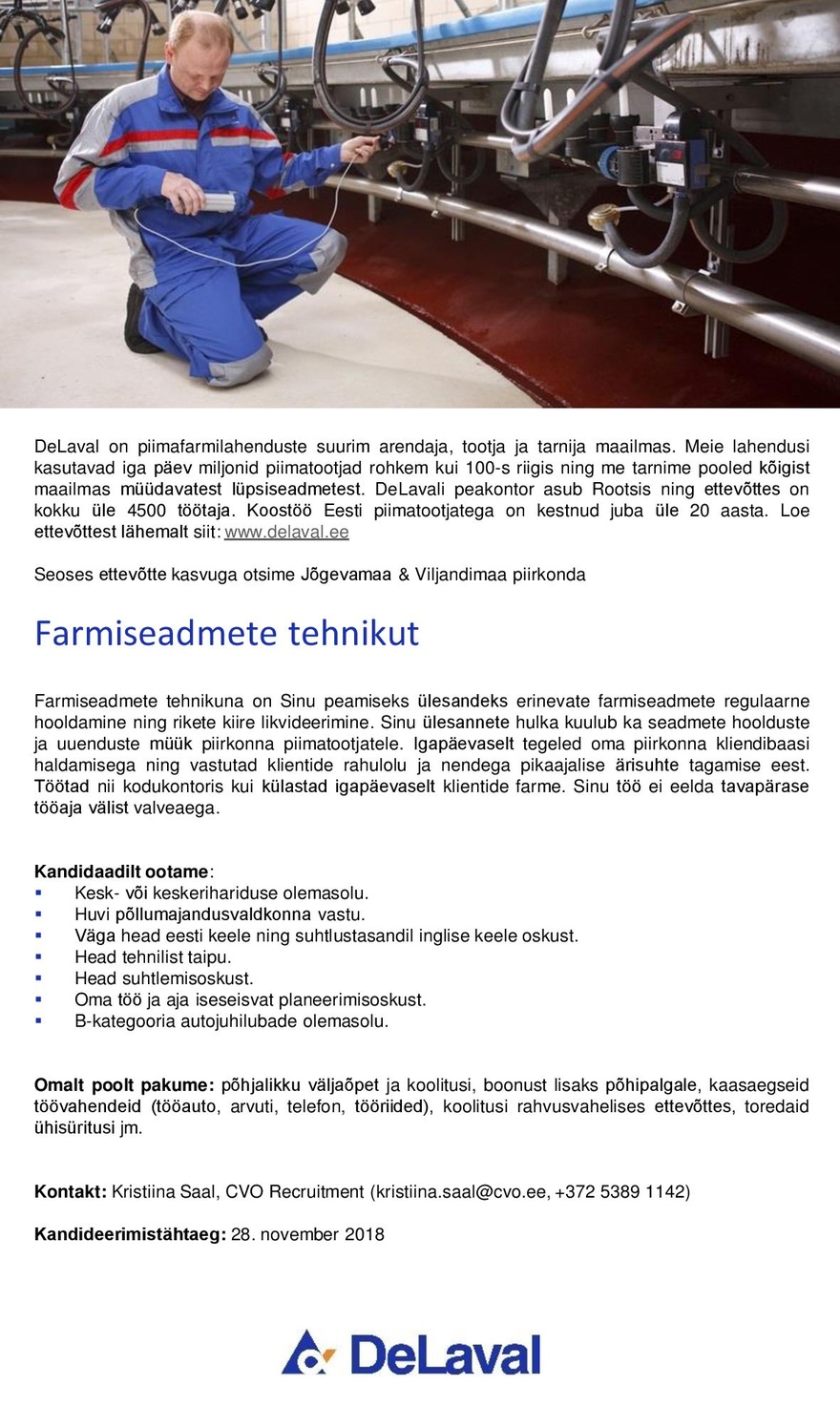 DeLaval OÜ Farmiseadmete tehnik (Jõgevamaa & Viljandimaa)