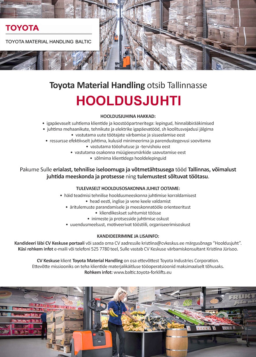Toyota Material Handling Baltic Eesti Filiaal Otsime Tallinnasse HOOLDUSJUHTI (Toyota Material Handling)
