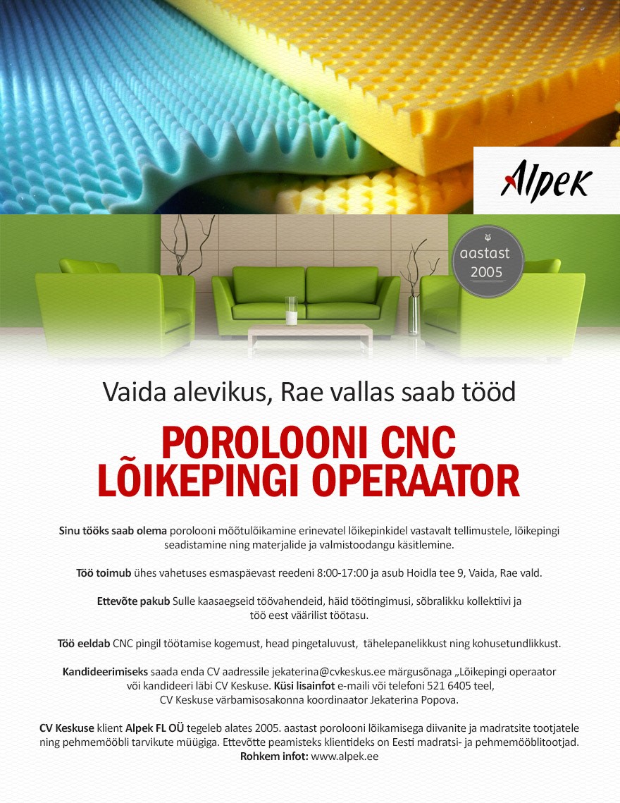 ALPEK FL OÜ Porolooni CNC lõikepingi operaator (ALPEK FL OÜ)