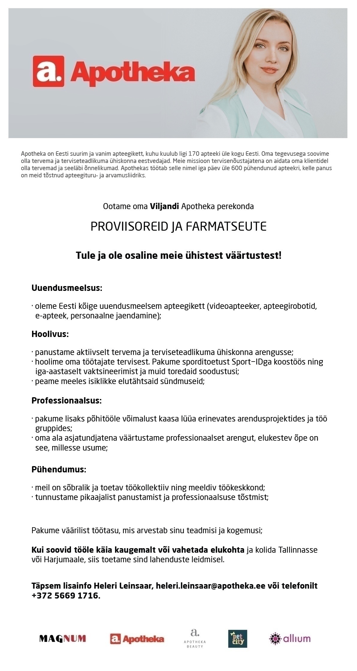 Terve Pere Apteek OÜ Proviisor või farmatseut Viljandi Apotheka Apteeki