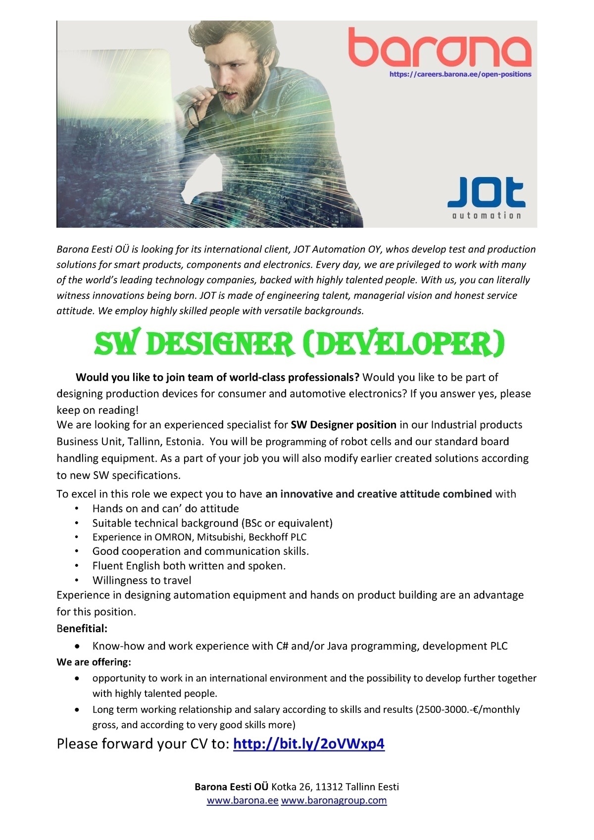Barona Eesti OÜ Software Designer (PLC developer) position in Industrial products