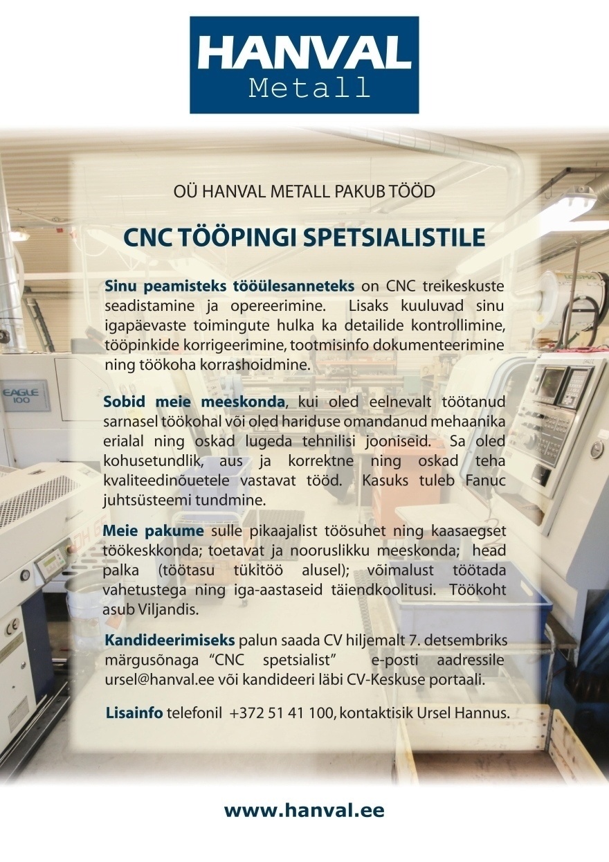 Hanval Metall OÜ CNC tööpingi spetsialist