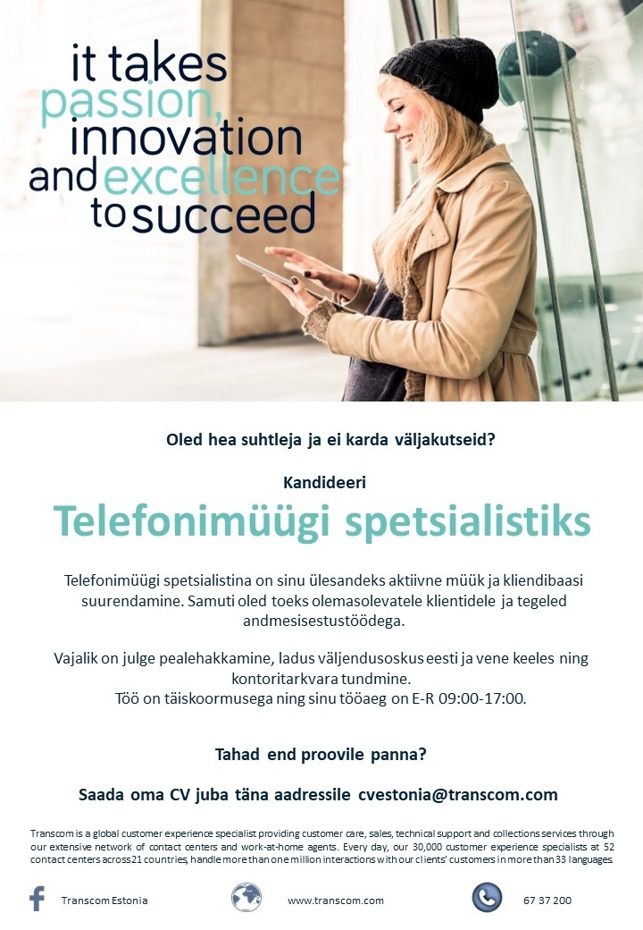Transcom Eesti OÜ Eesti ja venekeelne telefonimüügi spetsialist 