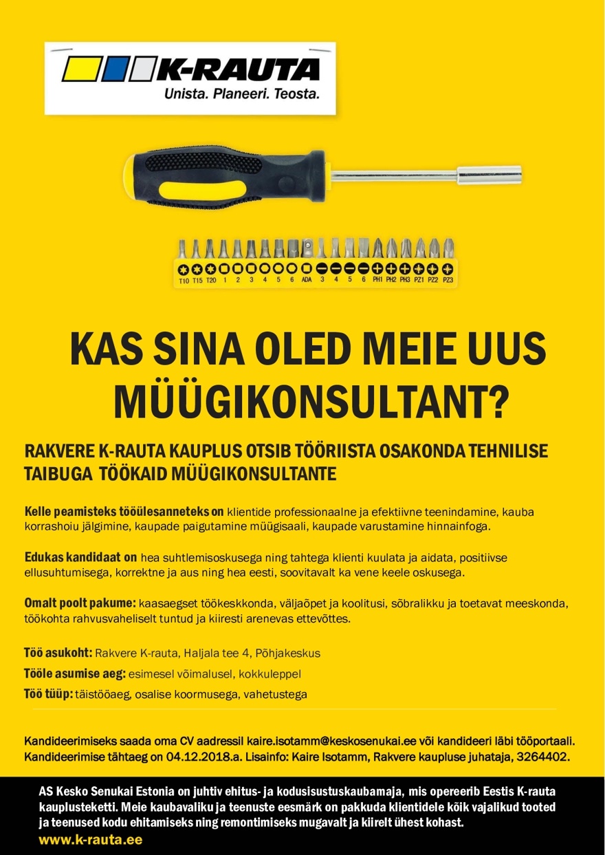 AS Kesko Senukai Estonia Müügikonsultant tööriista osakonda Rakvere K-rauta