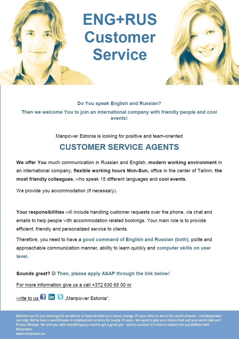 Manpower OÜ Customer Service Agents (Accommodation provided)