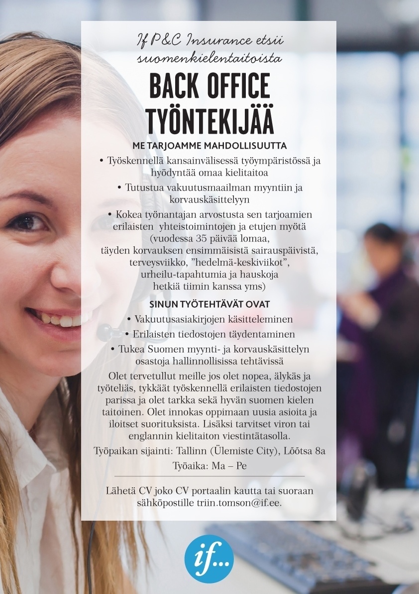 If P&C Insurance Ltd (publ) Eesti filiaal Back Office Työntekijää