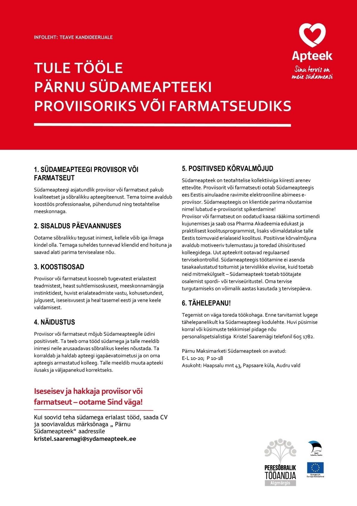 Pharma Holding OÜ Farmatseut või proviisor Pärnu Südameapteegis