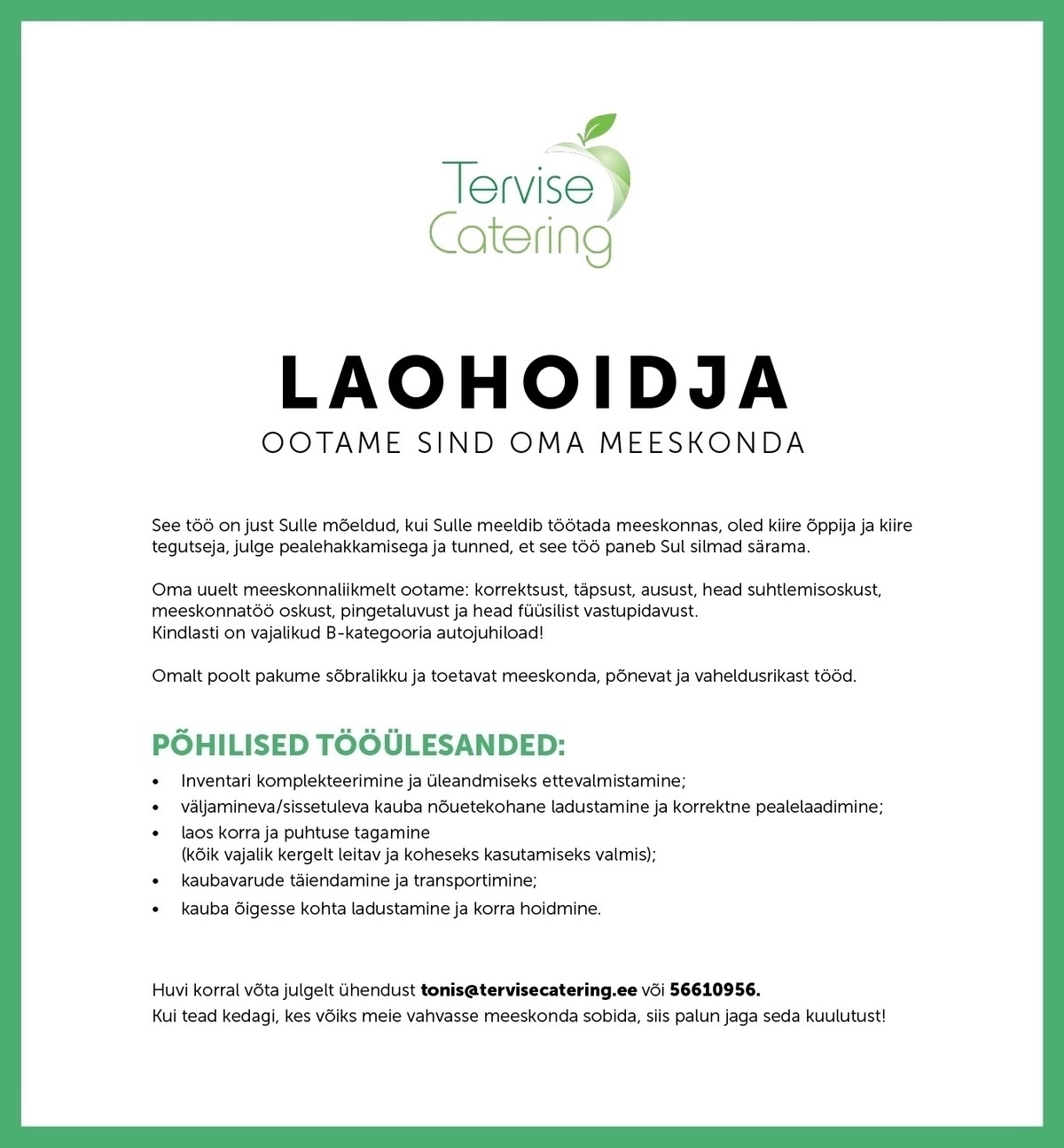 Tervise Catering OÜ Laohoidja
